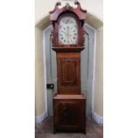 A substantial mid-19th century longcase clock, the hood with turned column supports and swan neck