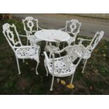 A painted cast aluminium circular garden terrace table 72 cm diameter, together with a set of five