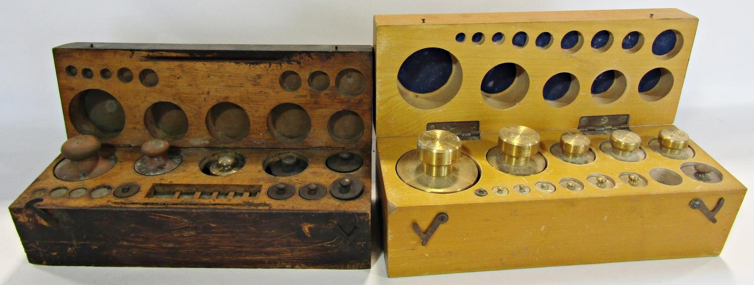 Two 19th century wooden boxes containing brass imperial weights (af) - Image 2 of 2