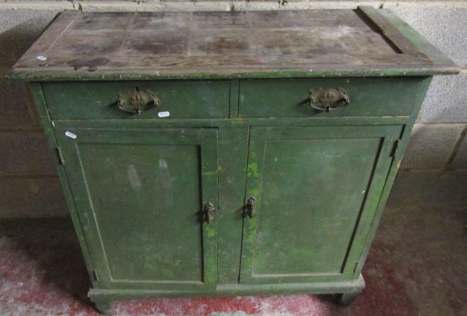 Late 19th century painted pine cupboard enclosed by two panelled doors and two drawers, 94 cm wide - Image 2 of 2