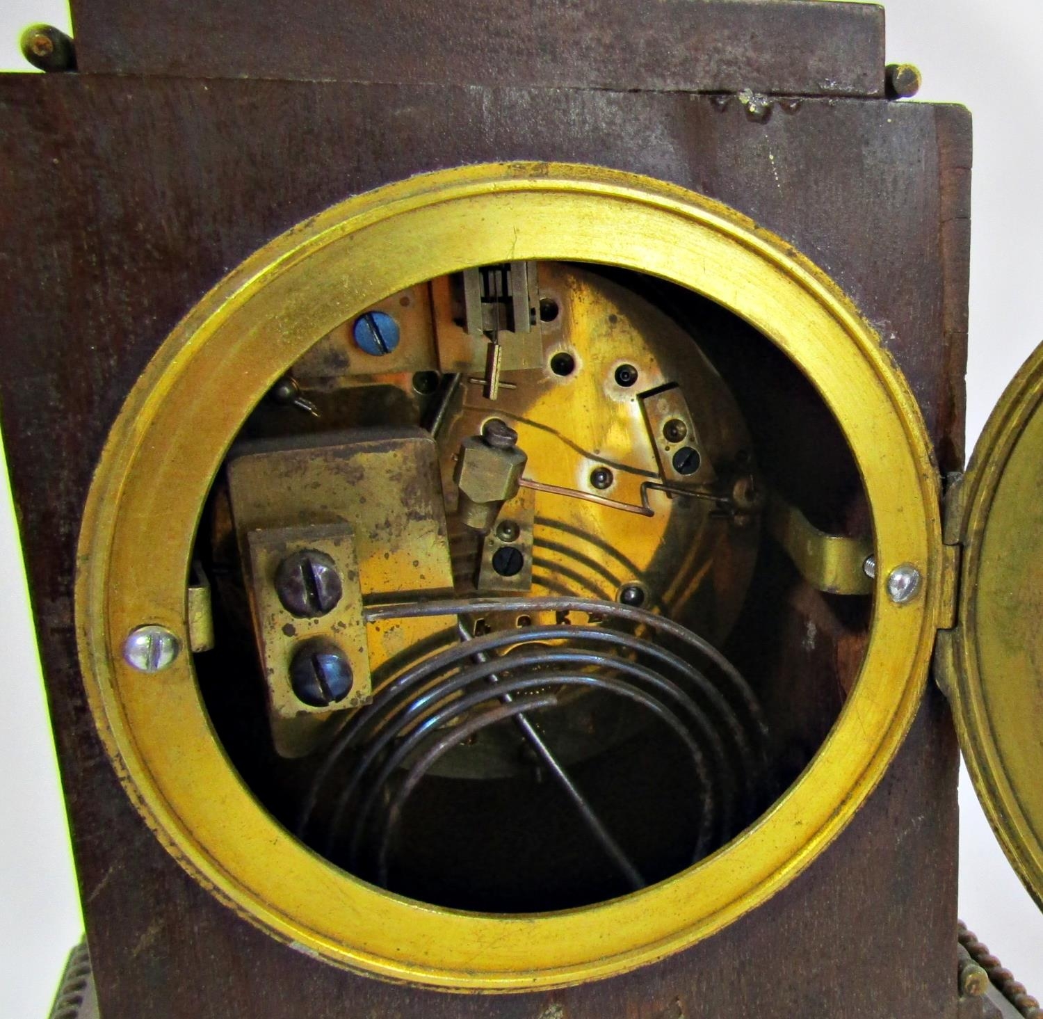 A 19th century French mantel clock, the timber case with applied brass mounts surmounted by a - Image 4 of 5