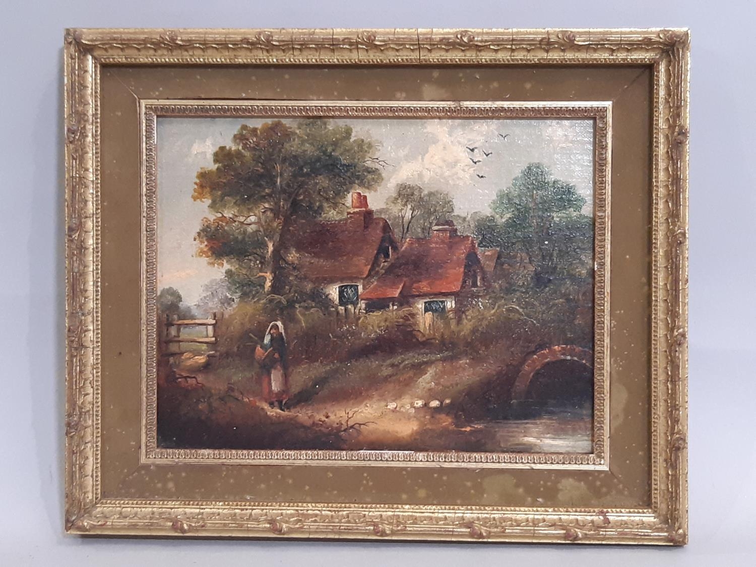 19th Century European School - Village scene with house by bridge, oil on canvas, unsigned, 18 x