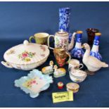 A collection of miscellaneous decorative ware including a Foley Faience two handled mug, Indian tree