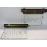 Two illumination lavatory signs 'Ladies' and 'Gentlemen' brass with downward lighting