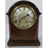 Edwardian mahogany mantel clock in the Georgian style with silvered dial and two train movement by