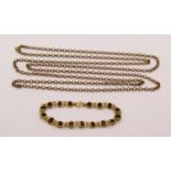 Yellow metal belcher link chain necklace, 27.3g and a yellow metal sapphire bracelet, 5.4g (2)