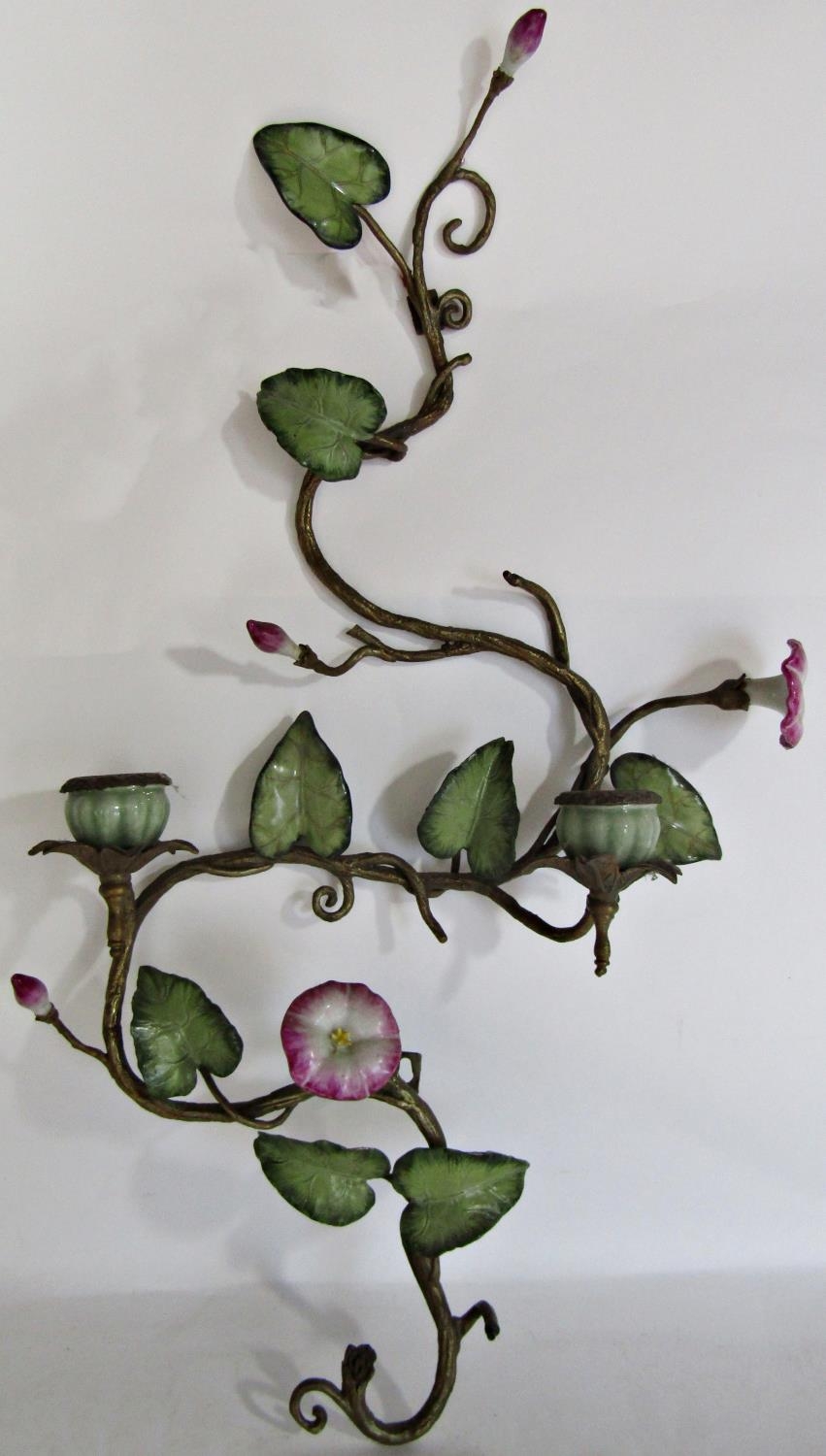 A pair of brass and china candle wall sconces with pink flowers and green vine leaves each with - Image 2 of 2