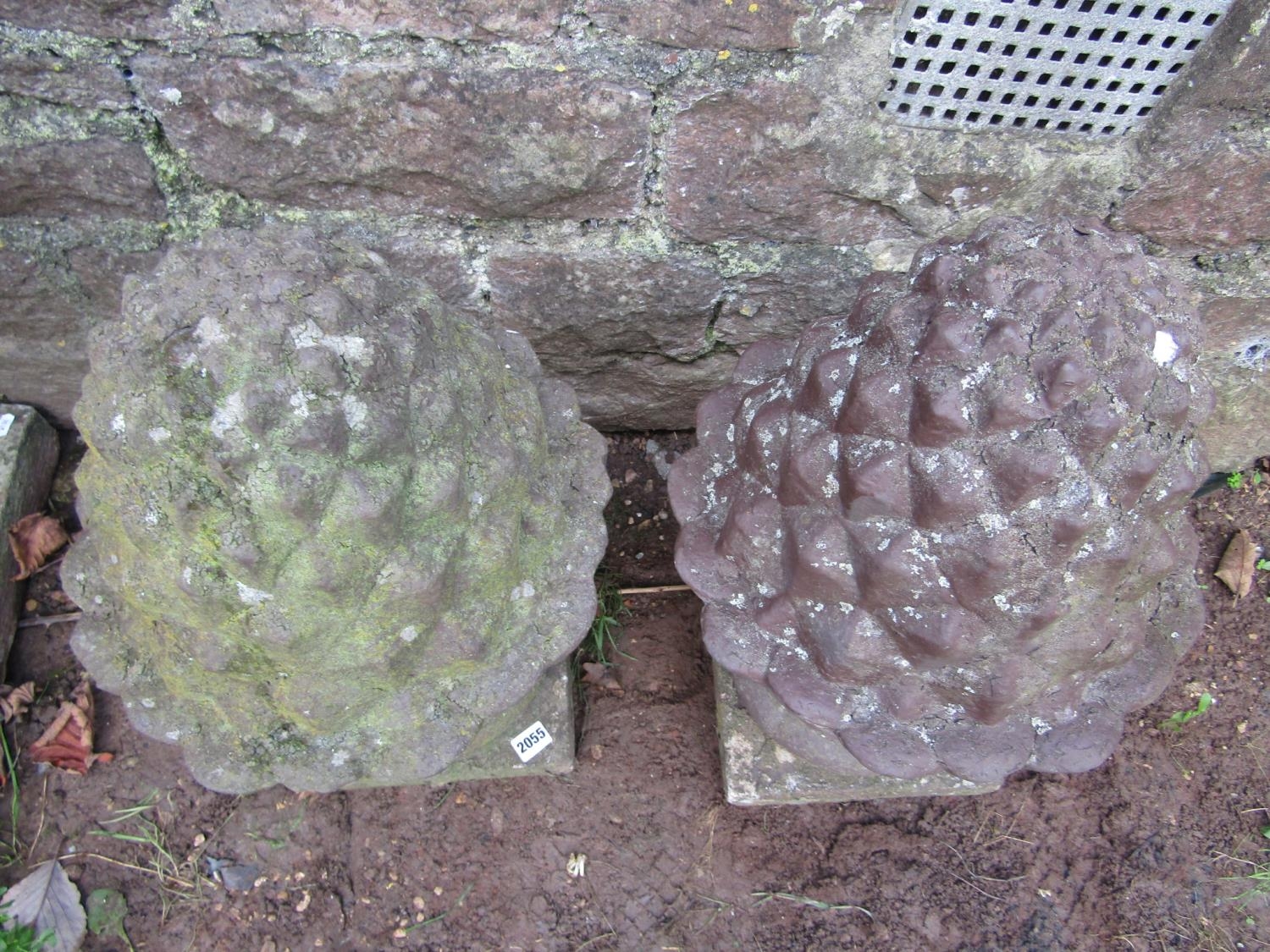 A pair of weathered cast composition stone pineapple pier cap finials 60 cm high approx, together - Image 2 of 4