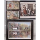 Four framed works: Country River Scene with Reflection, oleograph print, 81 x 61 cm; two vintage