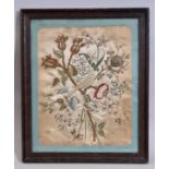 Georgian silk needlework of bird and flowers, 27 x 22 cm, framed and glazed