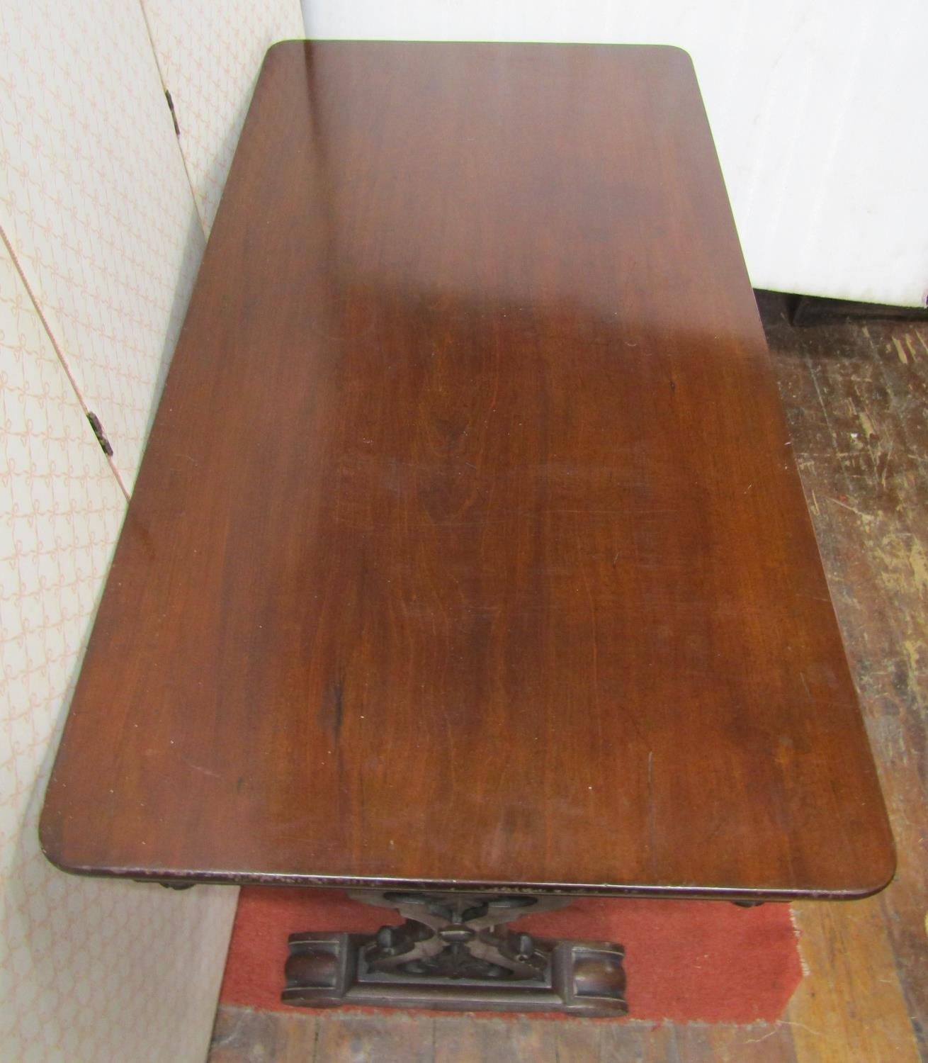 William IV mahogany library table fitted with two real and two dummy frieze drawers, stretcher - Image 2 of 4