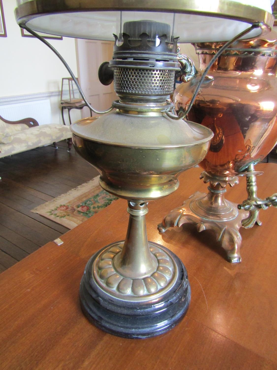 To be viewed at and collected from Nibley House GL11 6DL:A brass oil lamp with milk white shade - Image 3 of 8