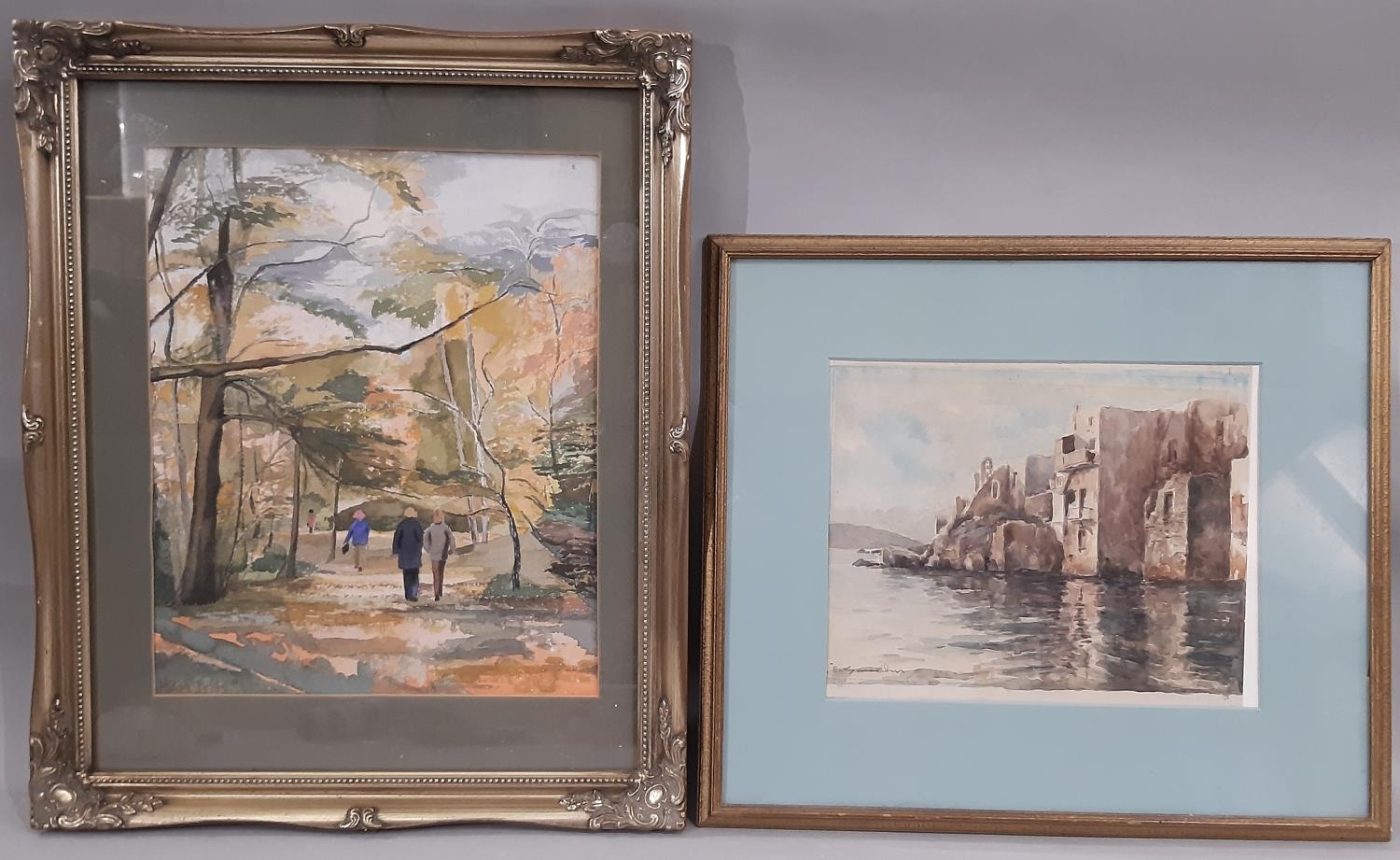 Two watercolours by different artists, both indistinctly signed - Buildings near water, and