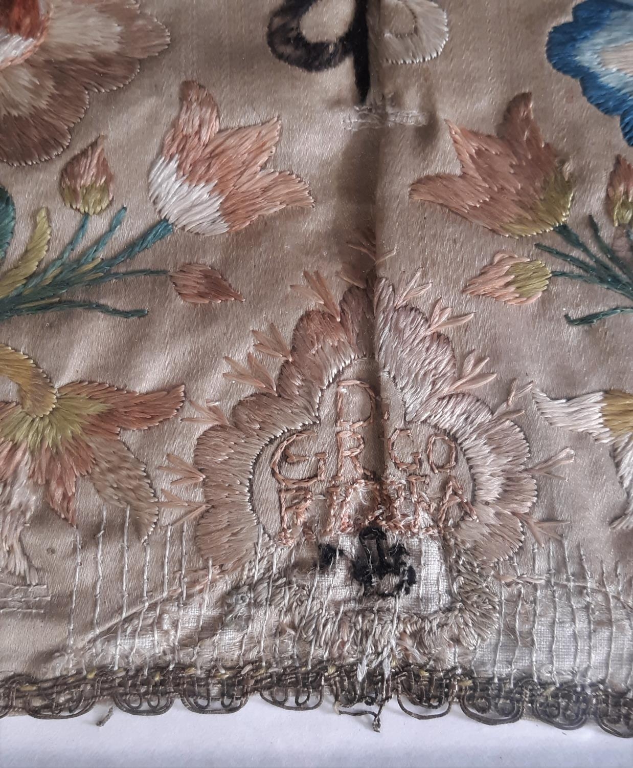 18th century Spanish embroidered silk panel with a floral design in satin stich arranged in - Image 6 of 6