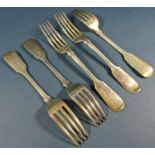 Five Victorian silver main forks, London 1857, maker Elizabeth Eaton, 11.6oz approx