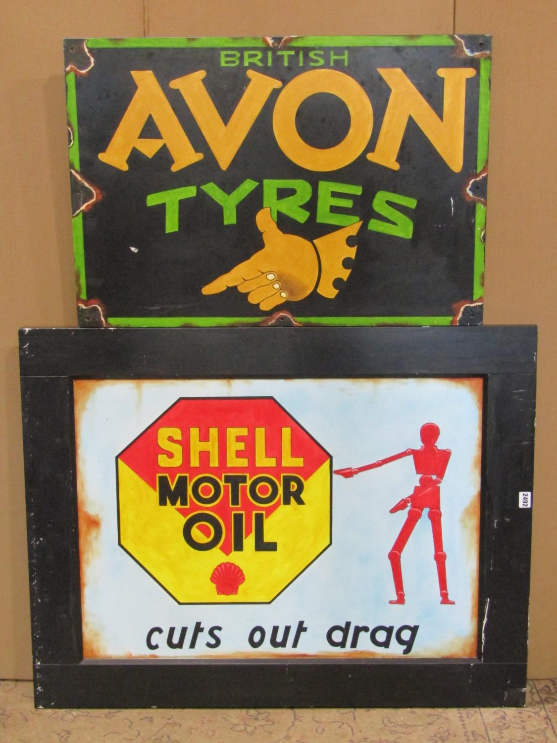 Four hand painted on board vintage style signs advertising Shell motor oil, Avon Tyres, Mobil oil - Image 2 of 2