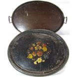 Three examples of copper and brass middle Eastern trays, an oval oak tray and a 19th century (5)