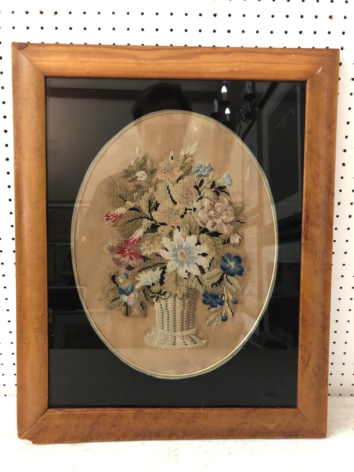 19th century tapestry sampler of vase of flowers, 27 x 36 cm