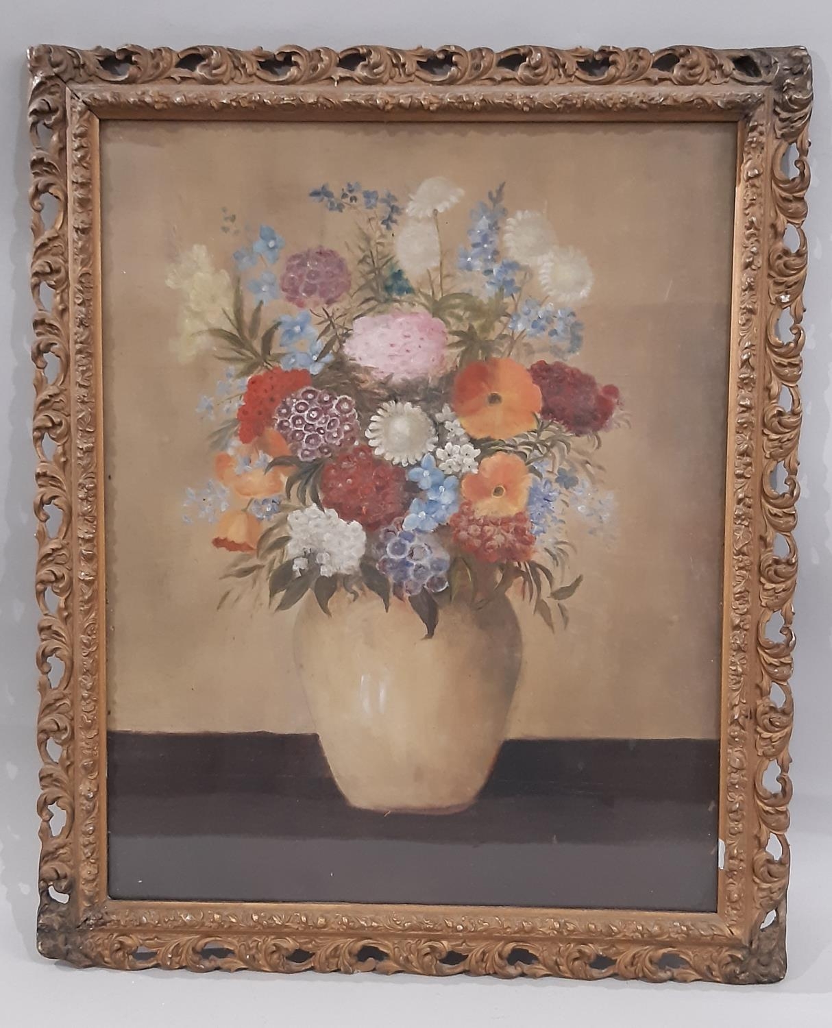 English School - Still life with vase of flowers, oil on board, unsigned, 50 x 40 cm, framed and