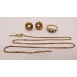 Group of 9ct jewellery comprising a pair of knot type stud earrings, a ring and a fine link chain