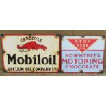 Four hand painted on board vintage style signs advertising Shell motor oil, Avon Tyres, Mobil oil