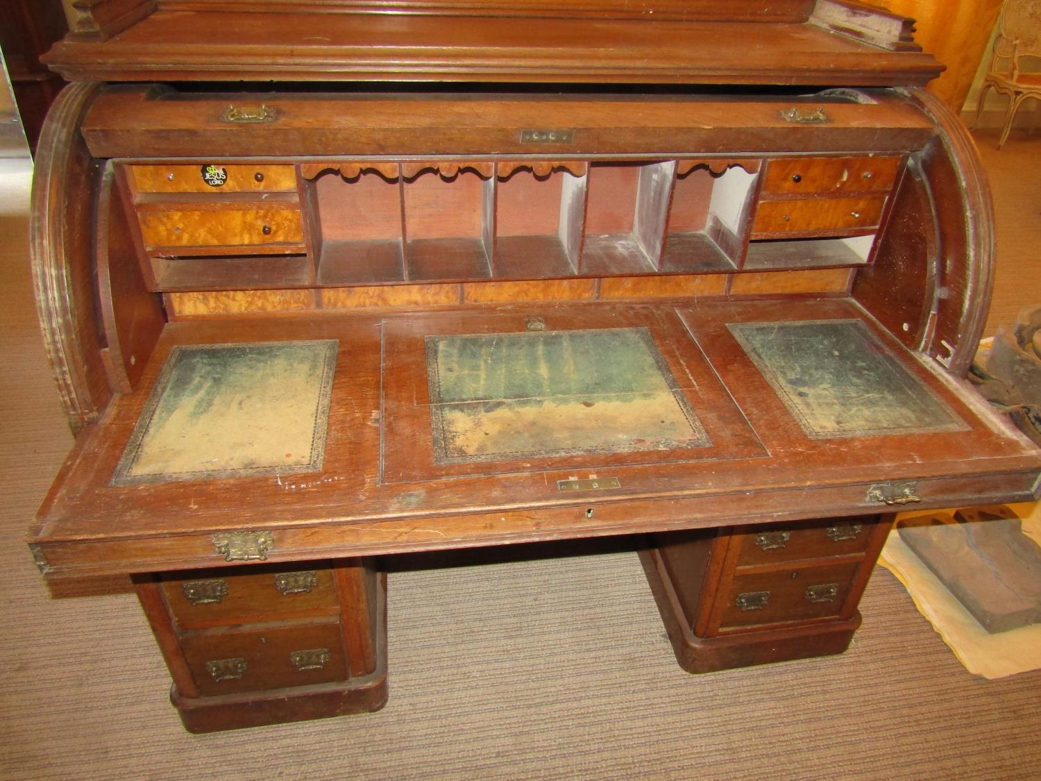 To be viewed at and collected from Nibley House GL11 6DL: A Victorian oak cylinder top desk - Image 3 of 3