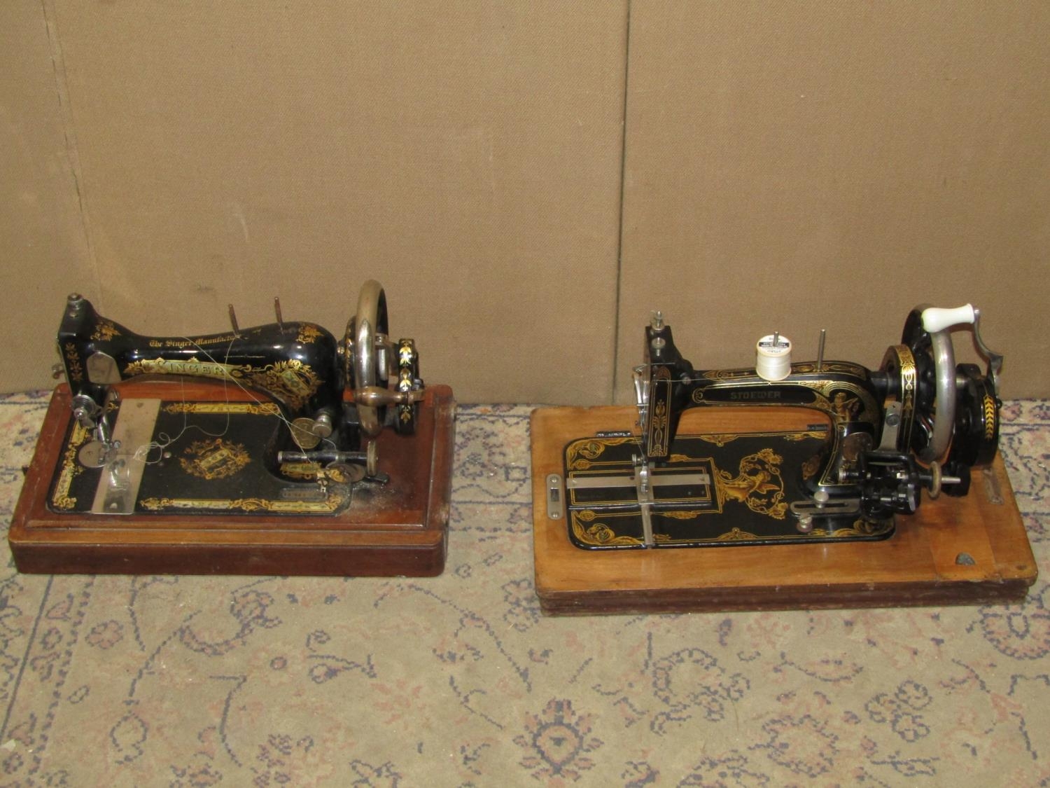 Two vintage portable cased sewing machines, Stoewer & Singer examples with decorative transfer - Image 2 of 2