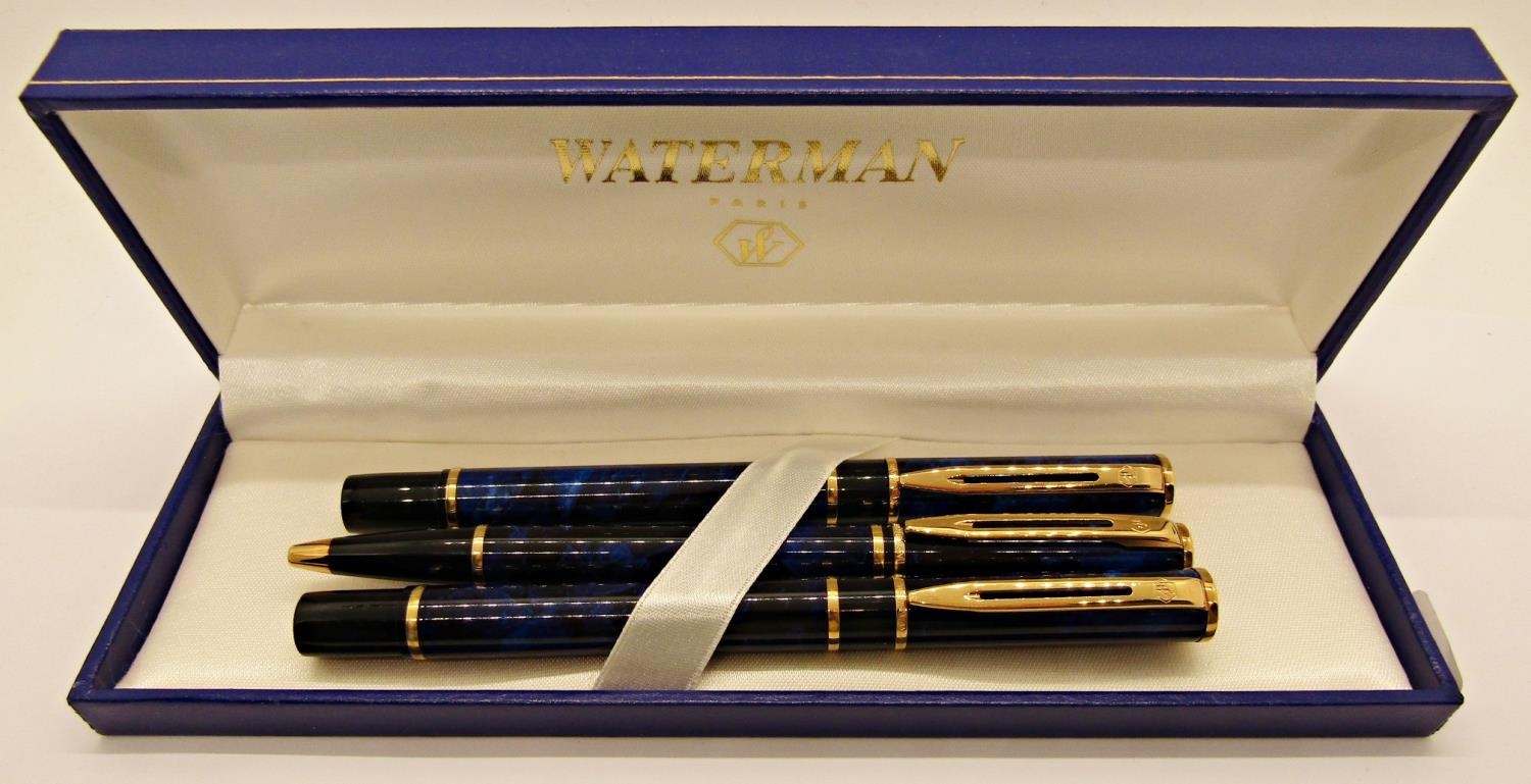 Waterman Laureat blue marble fountain, rollerball and ballpoint pen set, boxed