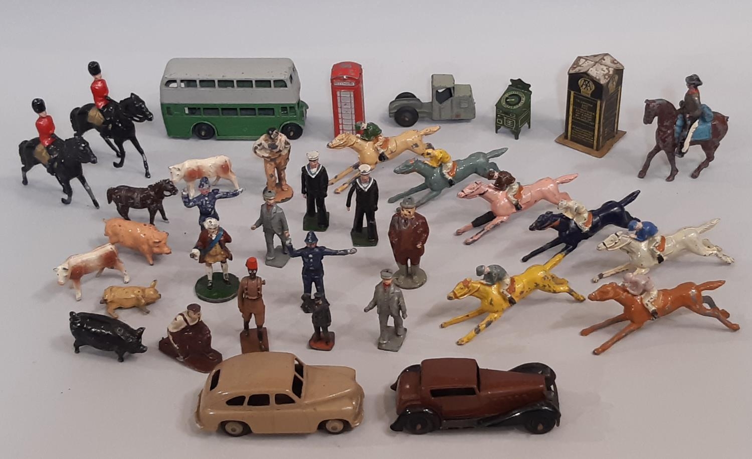 Collection of lead painted and tin plate vintage toys including 7 Chad Valley racehorses, mounted - Image 2 of 6