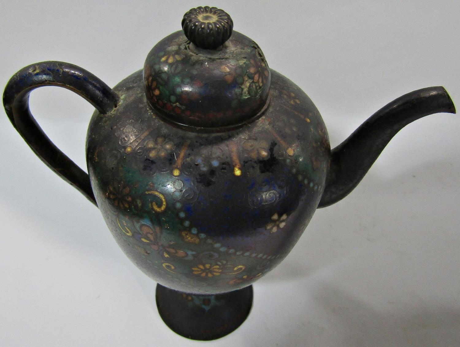 A small slender Japanese cloisonné teapot with butterflies and flower decoration on a waisted - Image 2 of 3