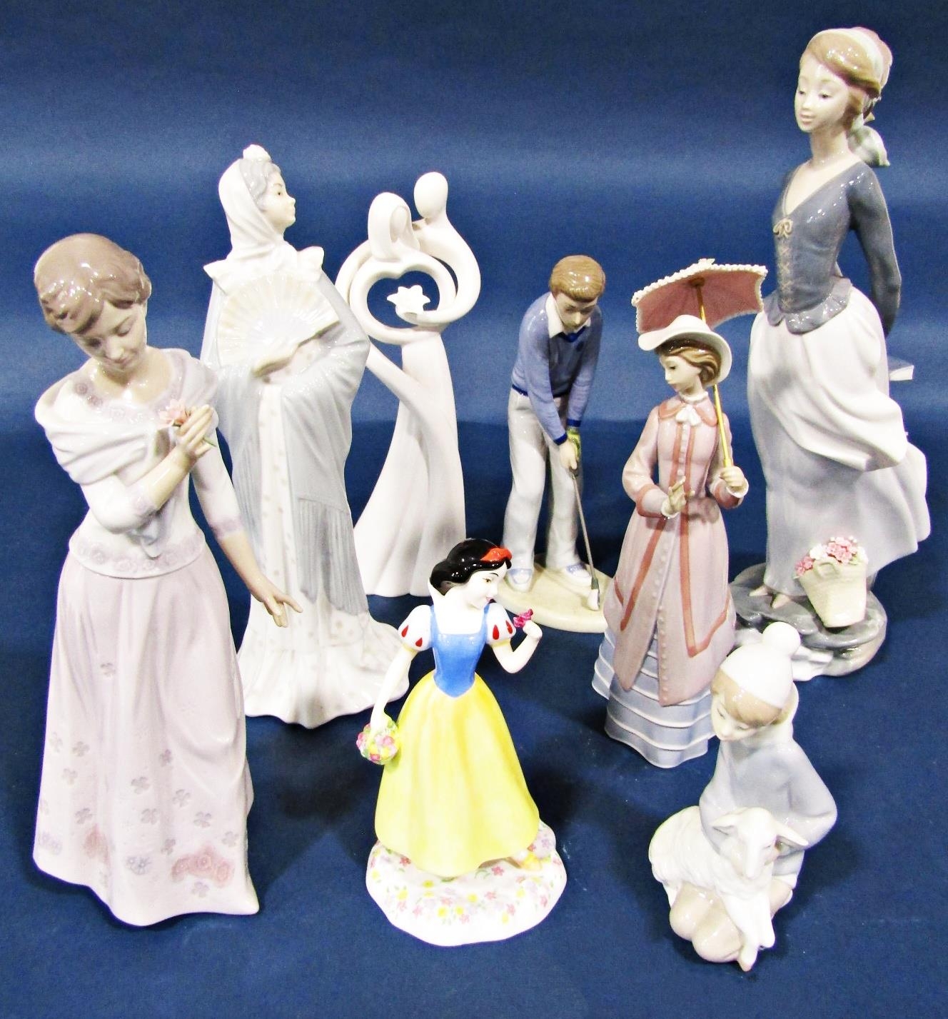 Three Lladro figures of elegant young ladies, further Nao figure, Royal Doulton figure, Snow