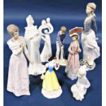 Three Lladro figures of elegant young ladies, further Nao figure, Royal Doulton figure, Snow