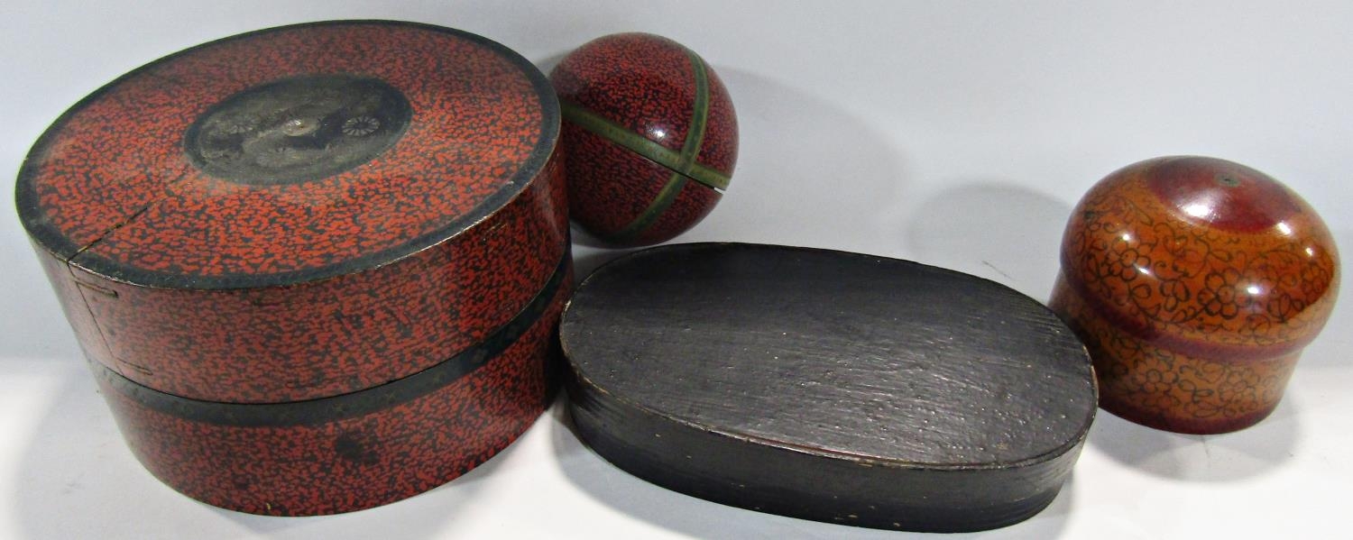 Three South East Asian lacquered coiled bamboo boxes, and an oval black lacquered box.