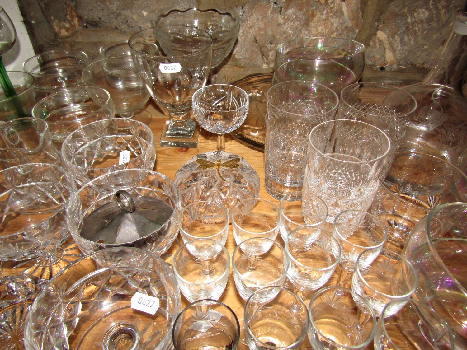 A good selection glassware, including ten tall green stemmed hock glasses, finger bowls, glass