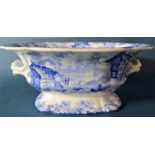 A 19th century Minton Genovese patterned blue and white transfer ware oval bowl, with loop handles
