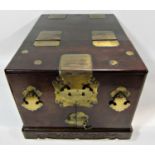 A 19th century Chinese wooden and brass overlaid travelling vanity box with foldout mirror and