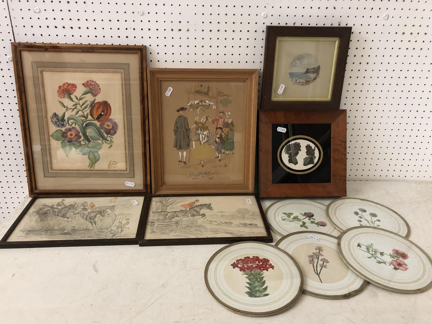 Group of framed works to include: Still life with flowers (19th Century), signed 'J. C. D. Bruyn'