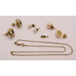 Group of 9ct jewellery comprising a fine link chain necklace, pair of tri-colour knot stud earrings,