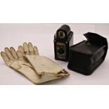 Pair of 19th miniature kid gloves 12cm max length and a coronet midget camera with black Bakelite