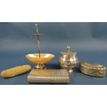 A silver rectangular box, stamped 925, a silver nail buffer, an iridescent shell dressing table