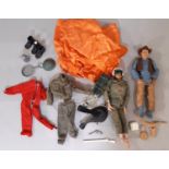 Vintage Action Man doll ©1964 with parachute and other accessories, together with a 'Johnny West'