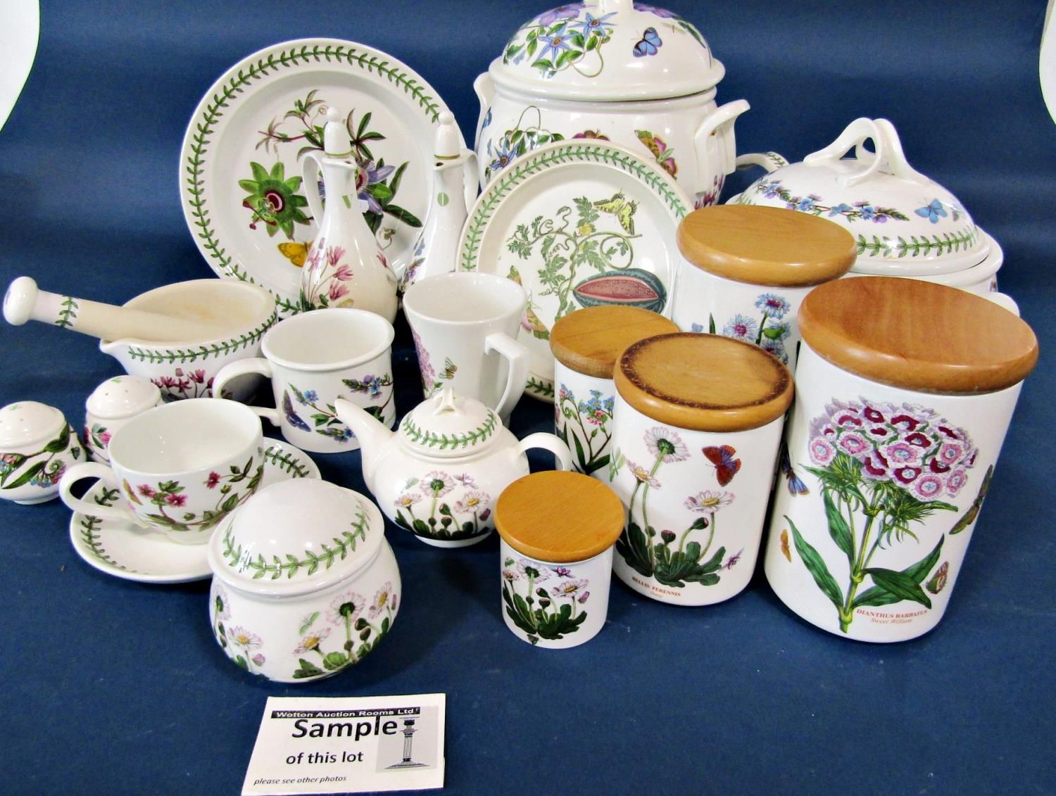 A quantity of Portmeirion Botanical wares including dishes, barrels, storage jars, pots, jugs,