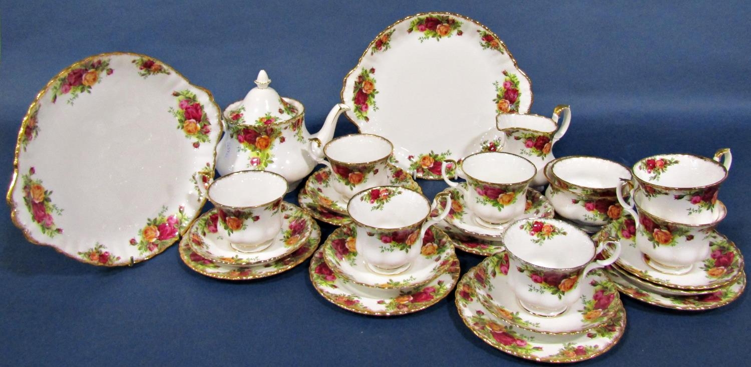 Royal Albert old Country Roses pattern tea service comprising teapot, two sandwich dishes, six