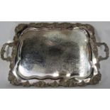 A large Victorian highly decorated with vine leaves and grapes silver plated tray with two handles