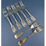 Seven 19th century silver dessert forks by various makers, 10.1oz approx