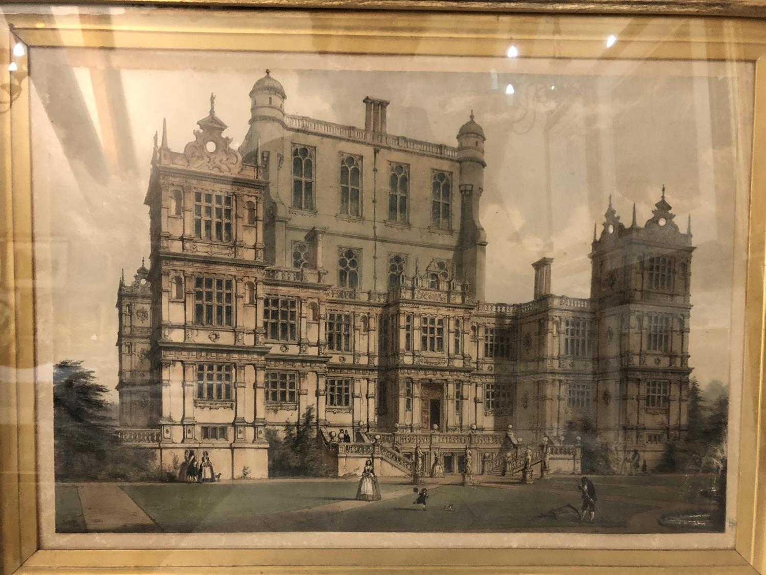Four framed prints: Joseph Nash, View of the Wollaton Hall, with a gardener cleaning by a fountain - Image 2 of 9