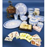 A collection of Wedgwood Blue Jasperware dishes, jugs, bowls, etc, Victorian copper spirit kettle