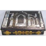 A 19th century black lacquer with mother of pearl inlay of church ruins writing slope.(as found)