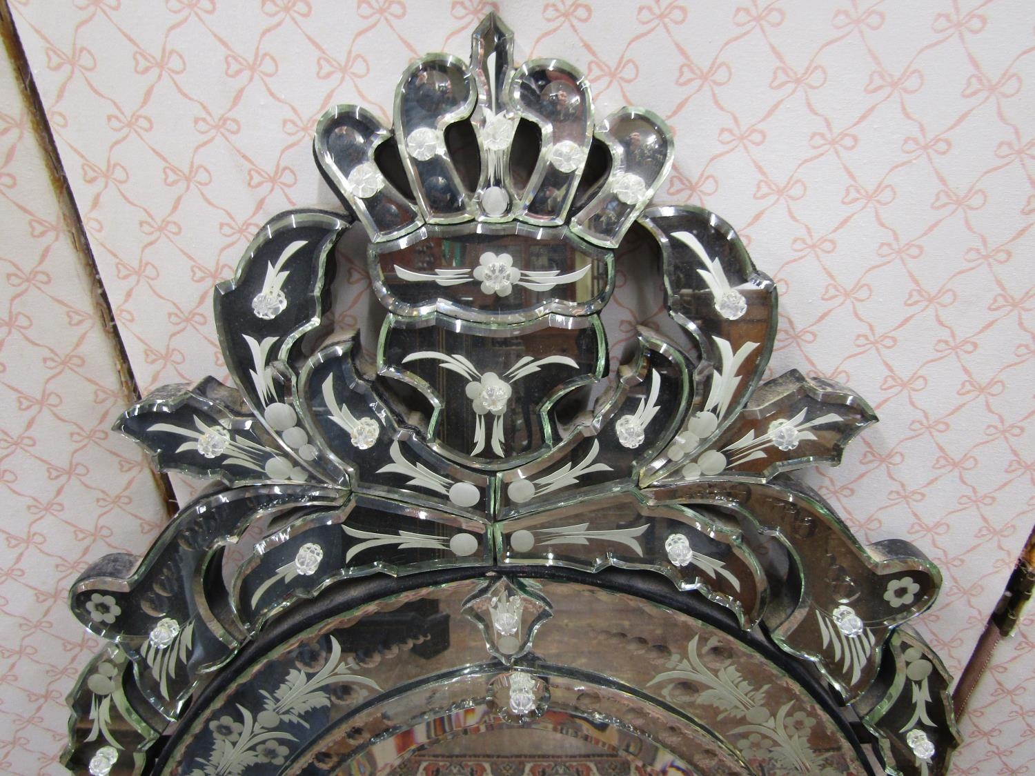 A Venetian style mirror with etched detail, set beneath a shaped and pierced pediment, 120cm high - Image 2 of 4