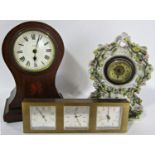 Edwardian mahogany mantel clock in a balloon shaped inlaid case, 19th century porcelain floral